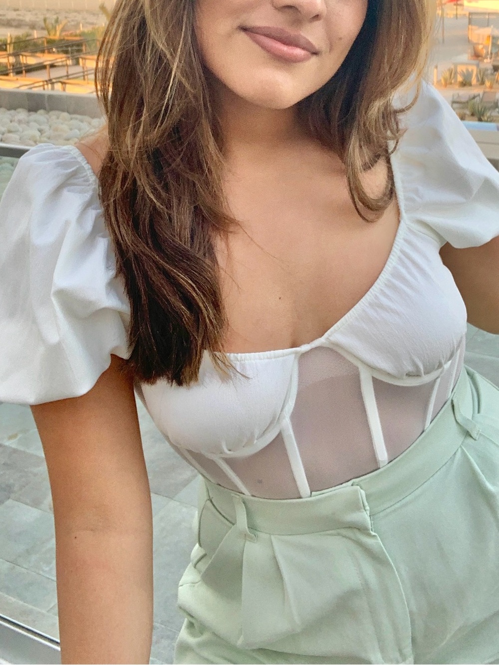 Zara White Puff Sleeve Sheer Corset Top